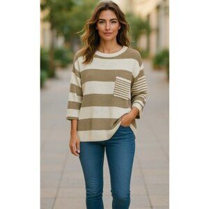 DESIGN Tan and White Stripe Pullover Sweater Ladies Medium